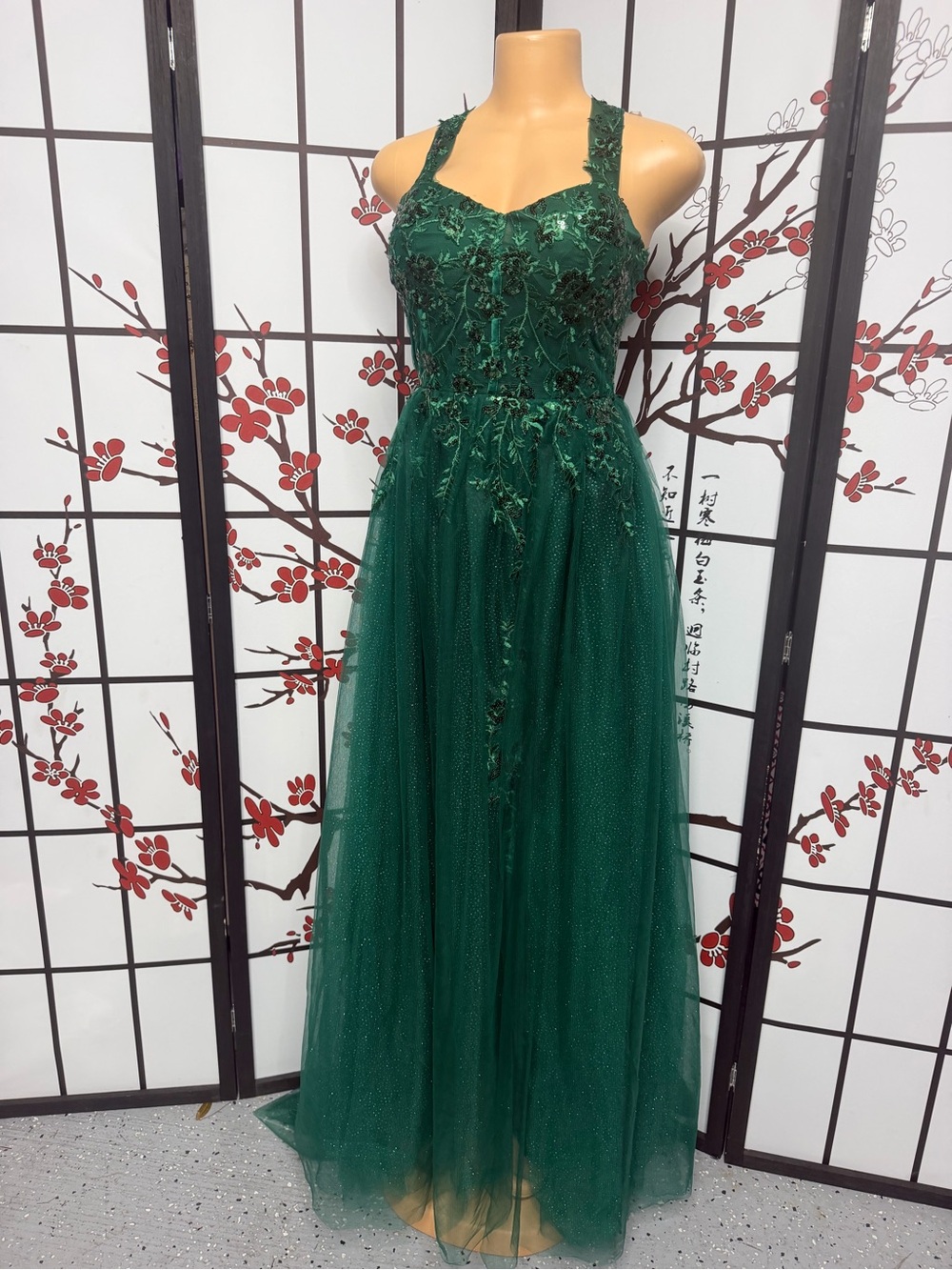 Forest Green Embellished Maxi Dress with Halter Neck